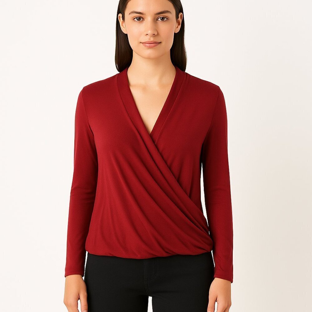 Anthro Akemi + Kin Faux Wrap Top M Raspberry Surplice V Neck Long Sleeve